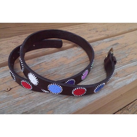 Belt Beaded Circles Handmade Masaai Maasai Masai leather Sz 35 (34\